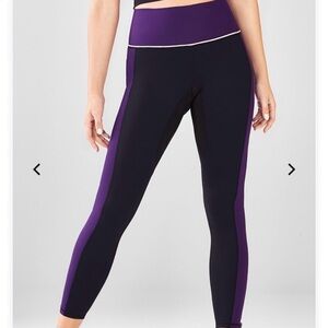 Fabletics High-Waisted Purple and Black Leggings with Zipper Hem